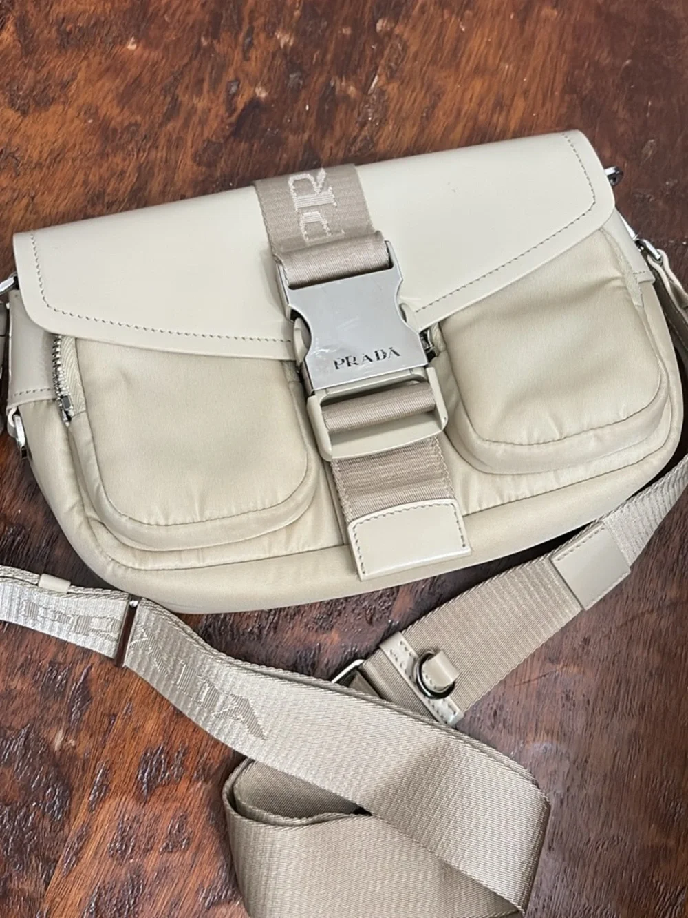 Prada Beige Tessuto Spazzalato Crossbody Bag with Logo Buckle